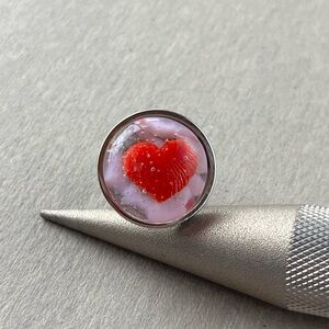 Artisan Fused Pink and Red Glass Heart Ring Adjustable Silver Stainless Steel
